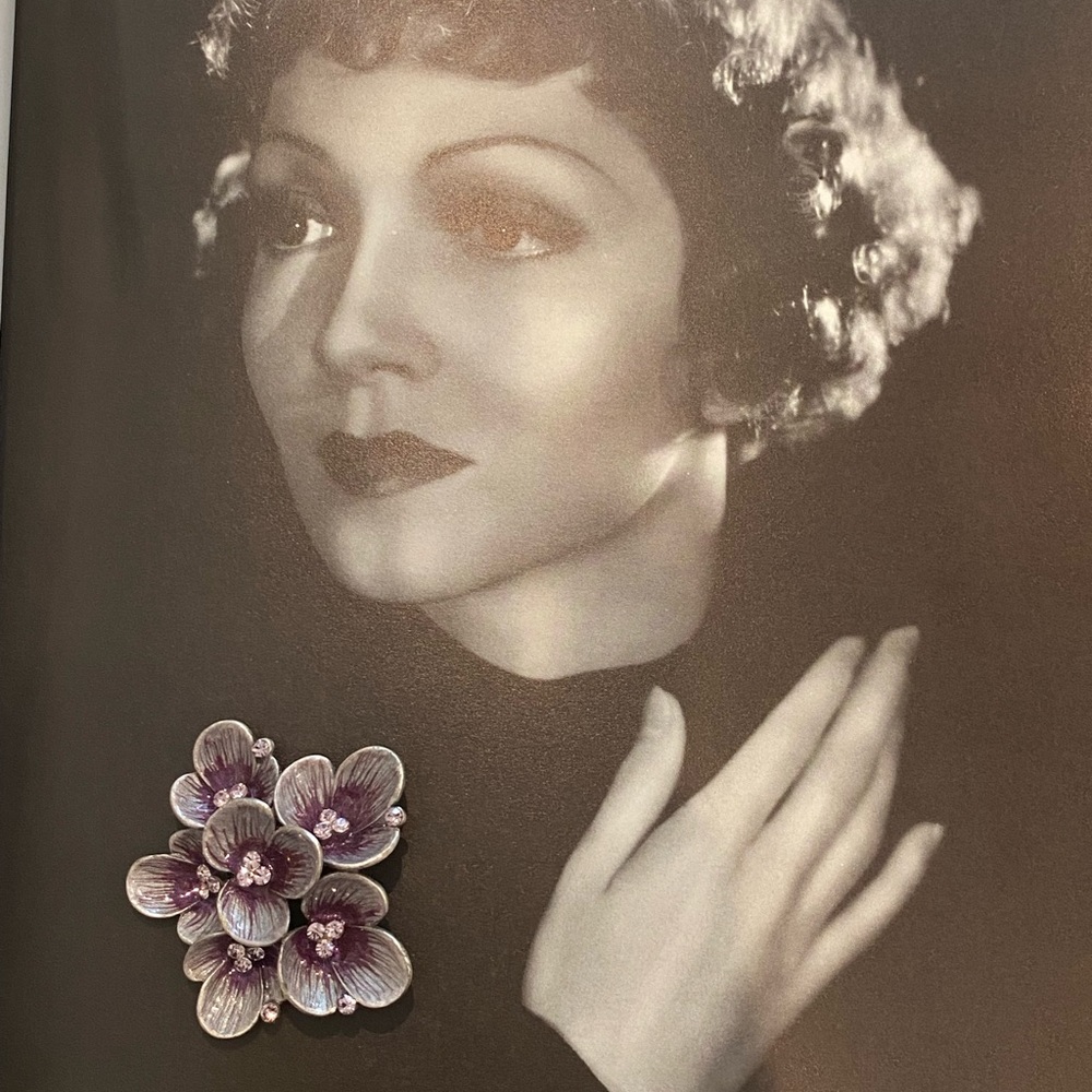 Vintage Elegant Pewter Flowers Enamel Purple Petals Pink Rhinestones Pin Brooch